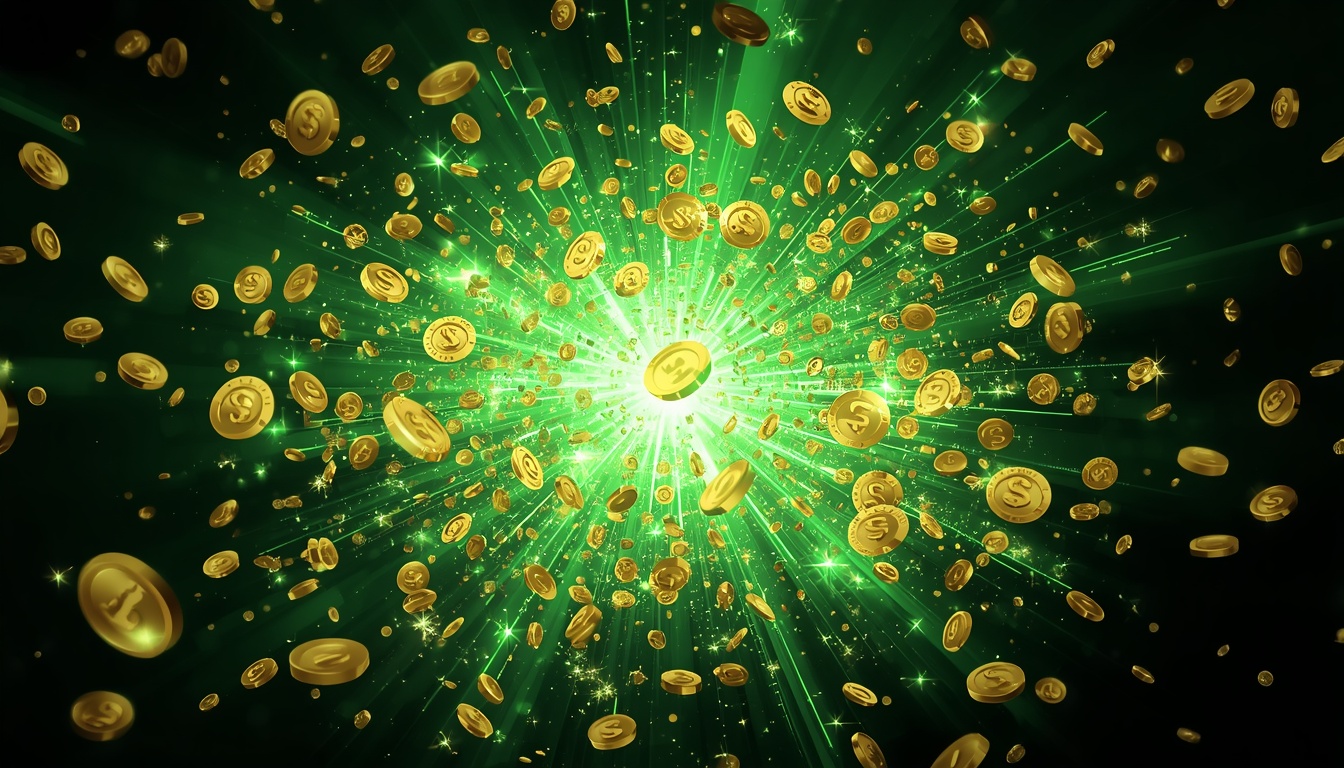 Jackpot Verde Casino — explozie de monede de aur și lumină verde smarald la cazinou